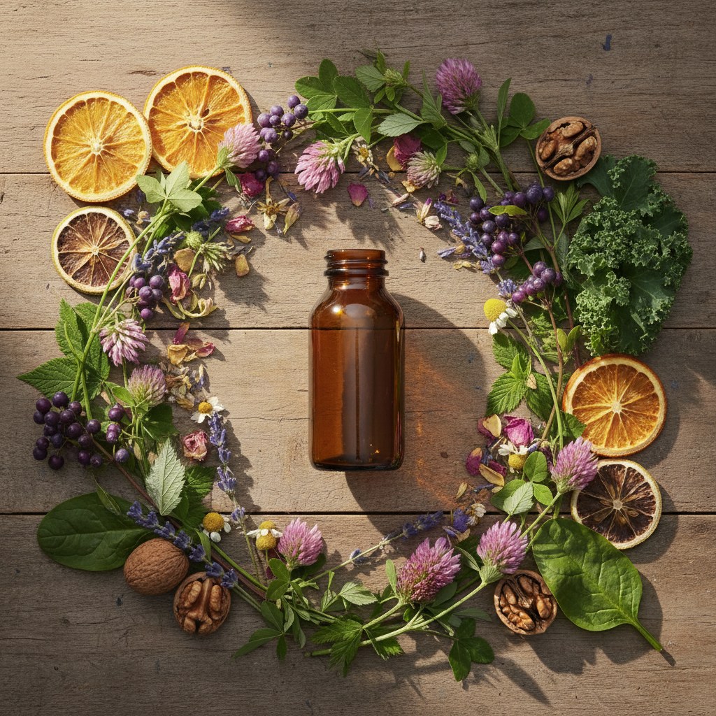 Tablet bottle nestled among fresh herbs, dried flowers, and whole foods on a rustic table
